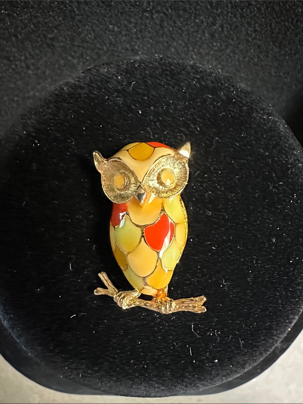 Vintage Gold Tone Owl Pin with Multicolor Enamel